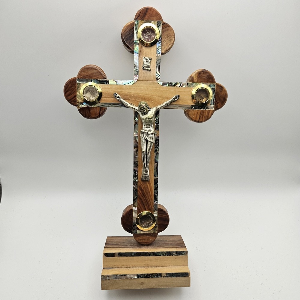 Vtg Handcrafted Olive Wood & Mother Of Pearl Crucifix W/ 4 Capsules Jerusalem